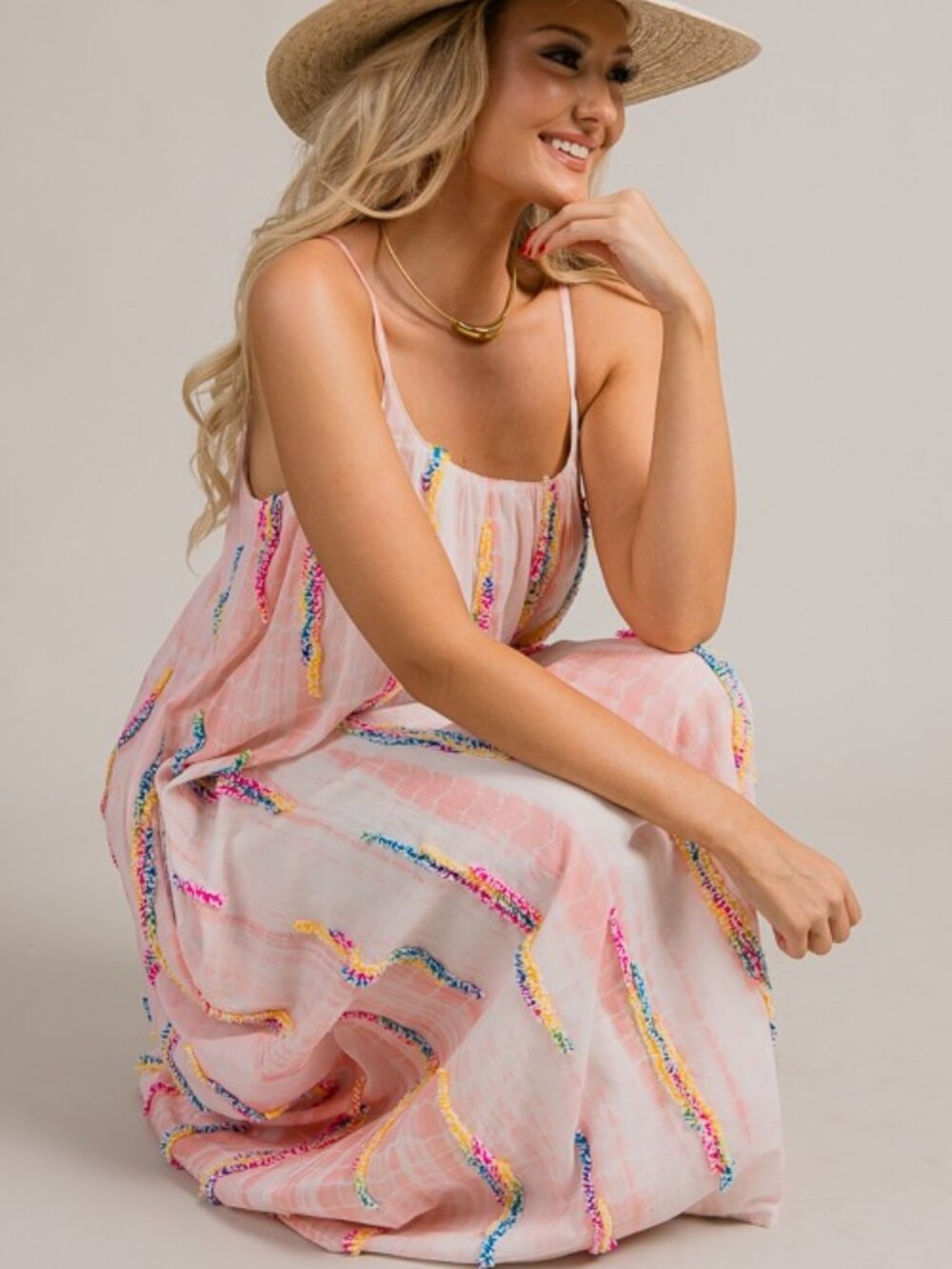URBAN DAIZY Multicolor Tie-Dye Embroidered Cami Maxi Dress - Picture 7 of 16